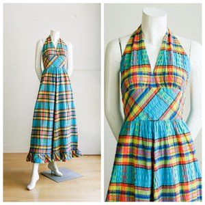 Vintage 70s Plaid Empire Waist Halter Neck Maxi